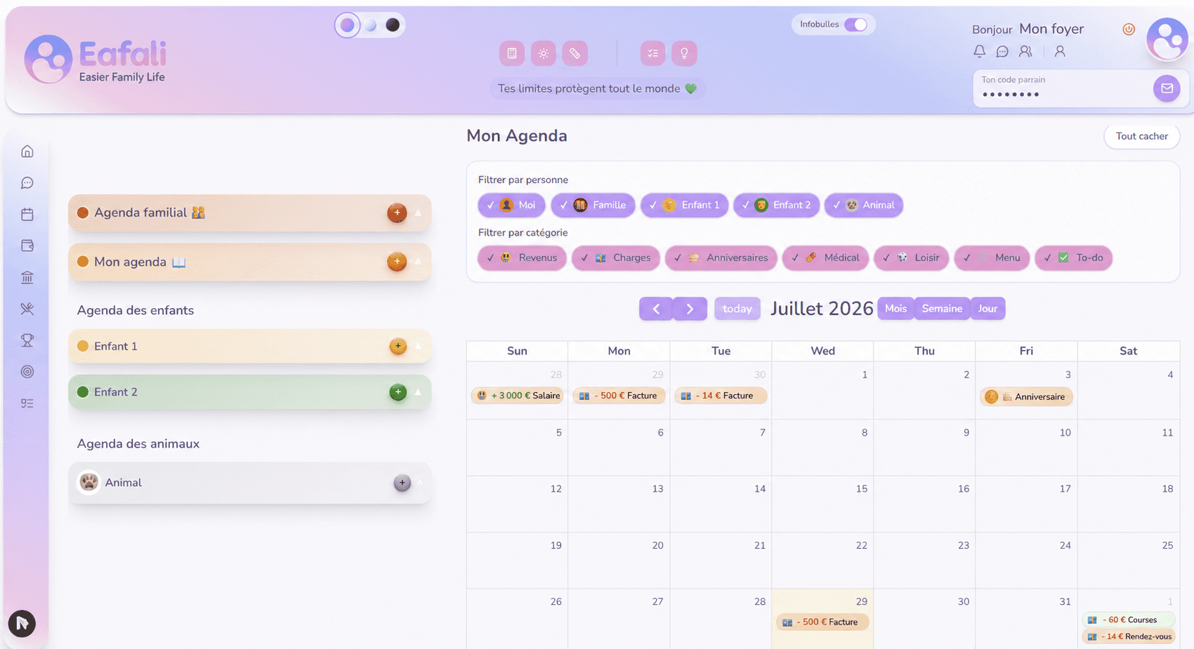 Agenda familial Eafali anonymisé avec calendrier et filtres