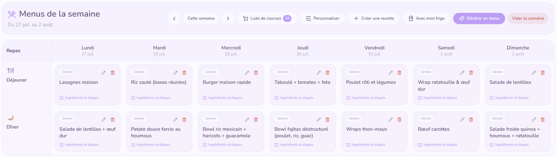 Planning hebdomadaire des menus avec les déjeuners et les dîners dans Eafali