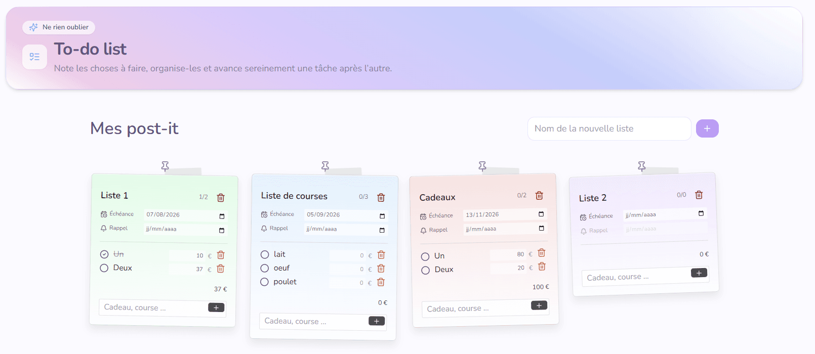 Listes de tâches Eafali avec échéances et rappels